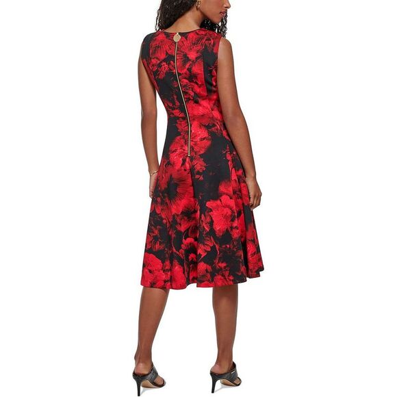 Calvin Klein Womens Red Floral Midi Special Occasion Fit & Flare Dress NWT - Picture 2 of 2